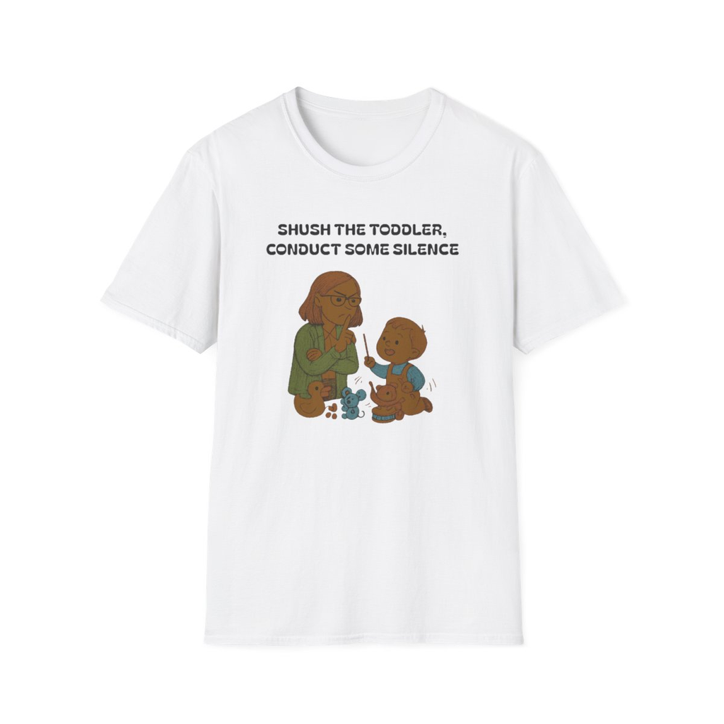 White t-shirt, front view, printed with a sardonic children's librarian design