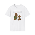 White t-shirt, front view, printed with a sardonic children's librarian design