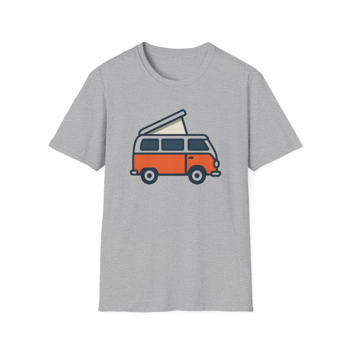 Sport Grey t-shirt, front view, printed with retro camper van illustration