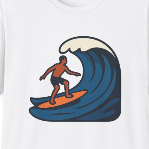 Close-up of the printed design detail: surfer silhouette riding a curling wave