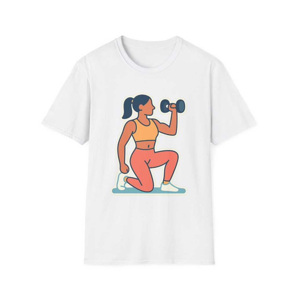 White t-shirt, front view, printed with woman kneeling with dumbbell