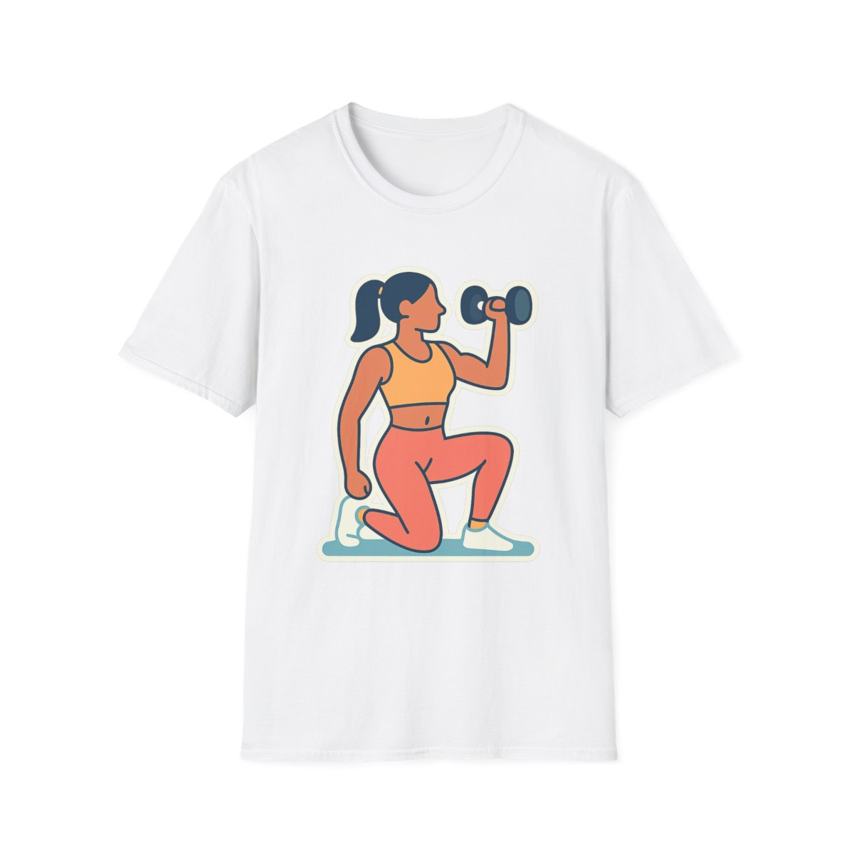 White t-shirt, front view, printed with woman kneeling with dumbbell
