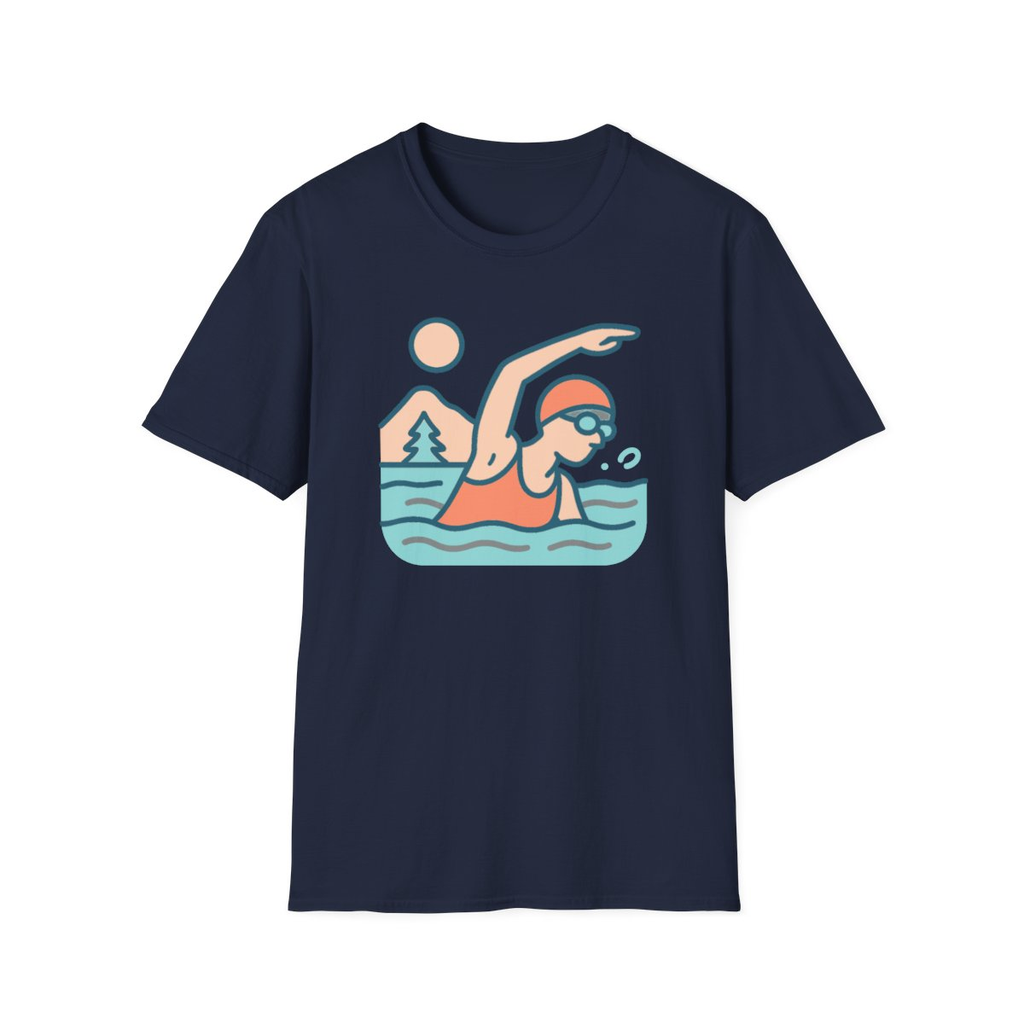 Navy t-shirt, front view, printed with stylised woman swimming in lake