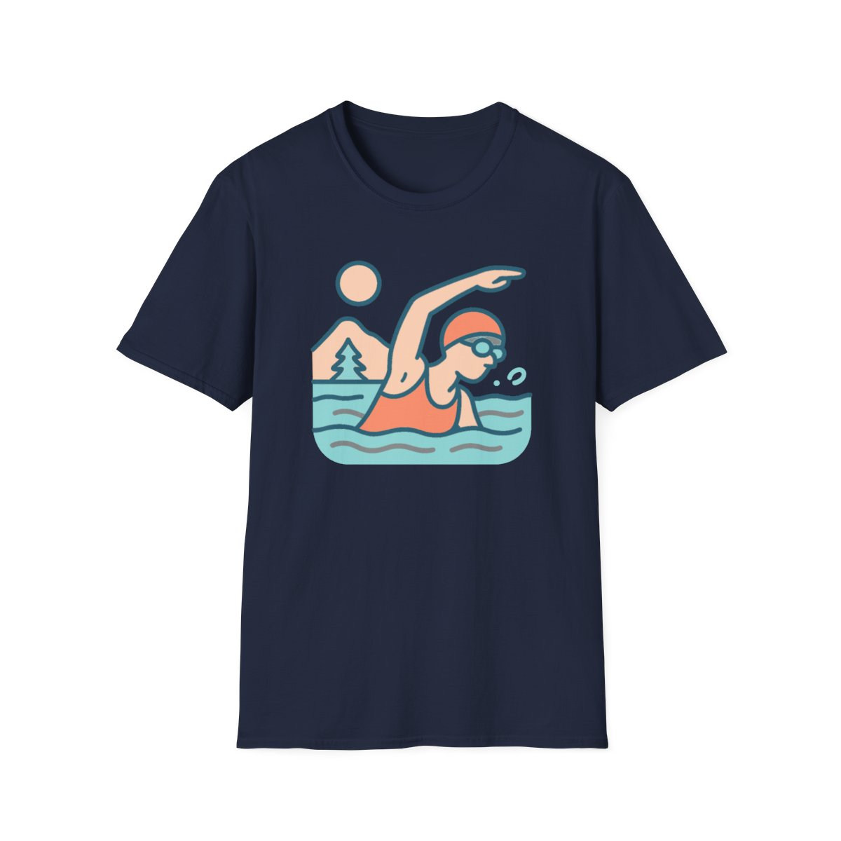 Navy t-shirt, front view, printed with stylised woman swimming in lake