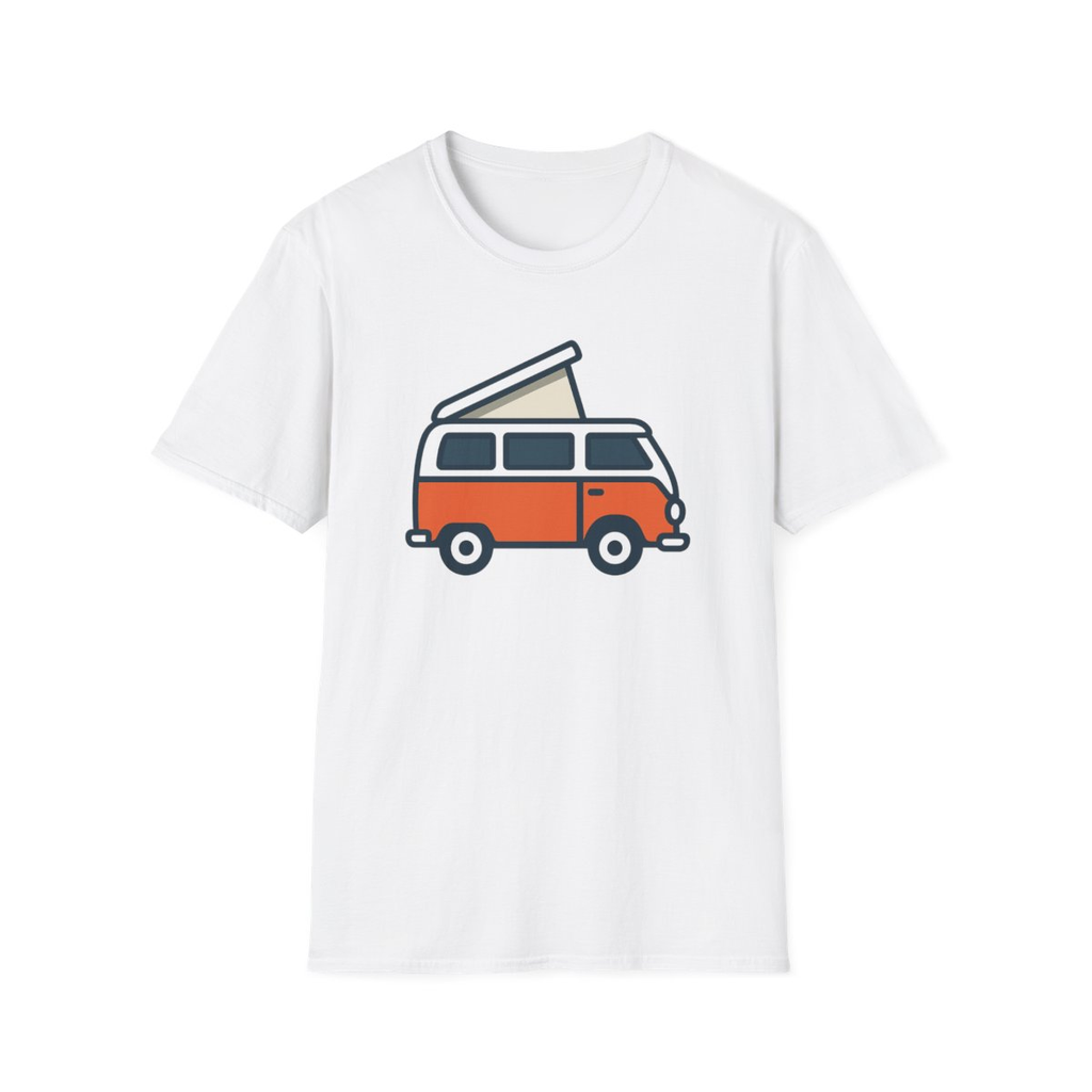White t-shirt, front view, printed with retro camper van illustration