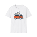 White t-shirt, front view, printed with retro camper van illustration