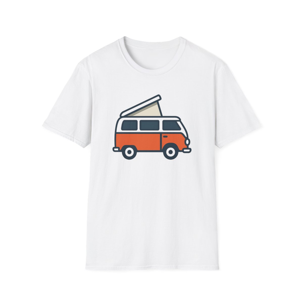 White t-shirt, front view, printed with retro camper van illustration