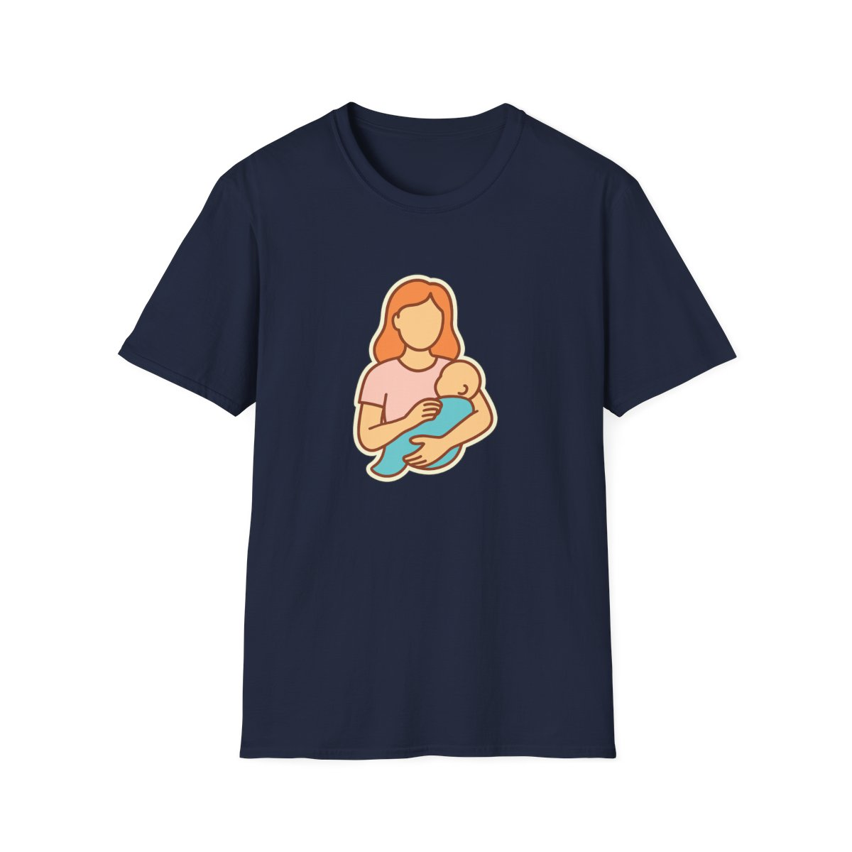 Navy t-shirt, front view, printed with illustration of mom cradling baby