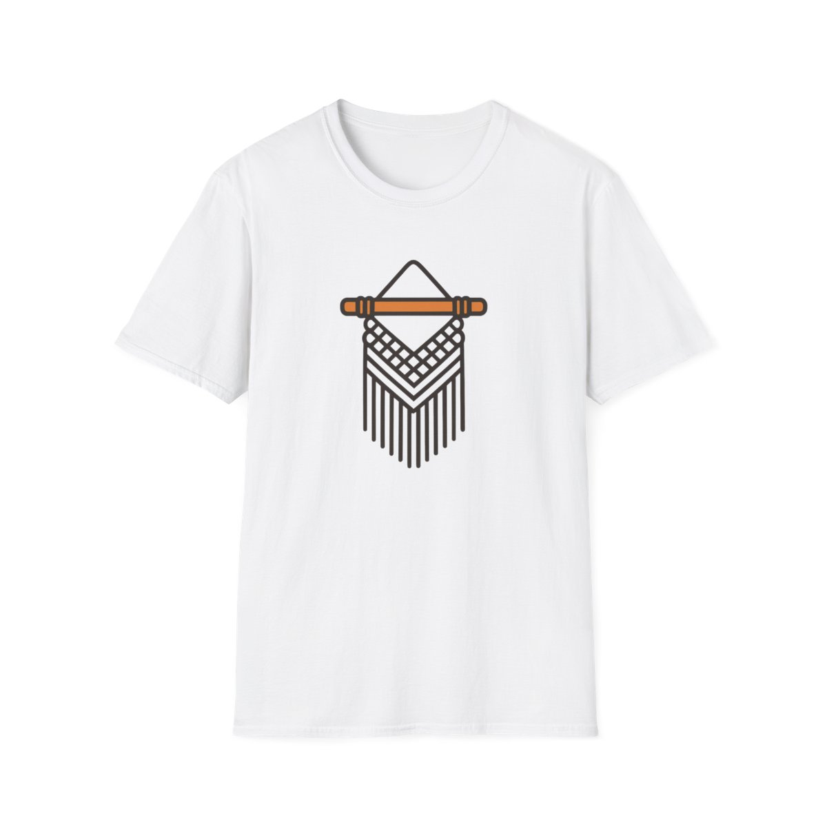 White t-shirt, front view, printed with decorative macramé wall hanging illustration