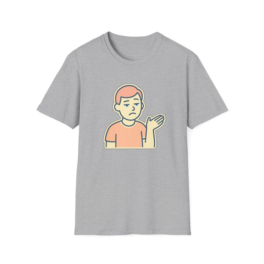 Sport Grey t-shirt, front view, printed with cartoon unimpressed person shrugging