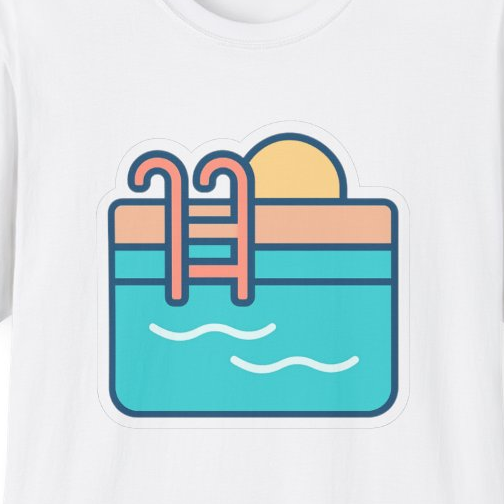 Close-up of the printed design detail: stylized backyard swimming pool illustration