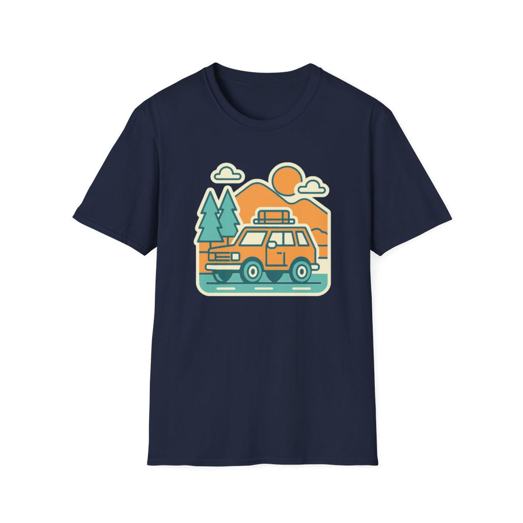 Navy t-shirt, front view, printed with orange station wagon and mountains