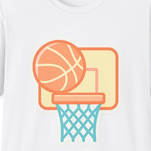 Close-up of the printed design detail: illustrated basketball, hoop, and net