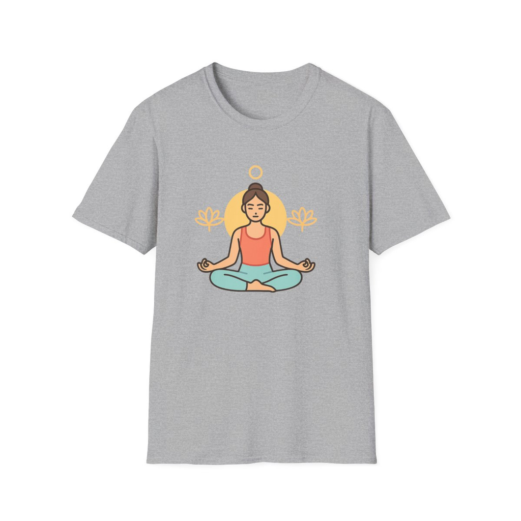 Sport Grey t-shirt, front view, printed with person meditating with lotus icons