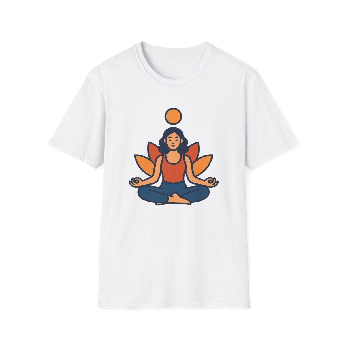 White t-shirt, front view, printed with person meditating with leaf motifs