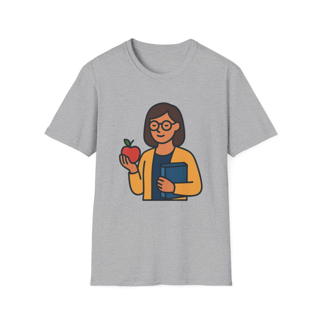 Sport Grey t-shirt, front view, printed with teacher holding apple and book