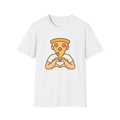 White t-shirt, front view, printed with pizza slice head with heart hands