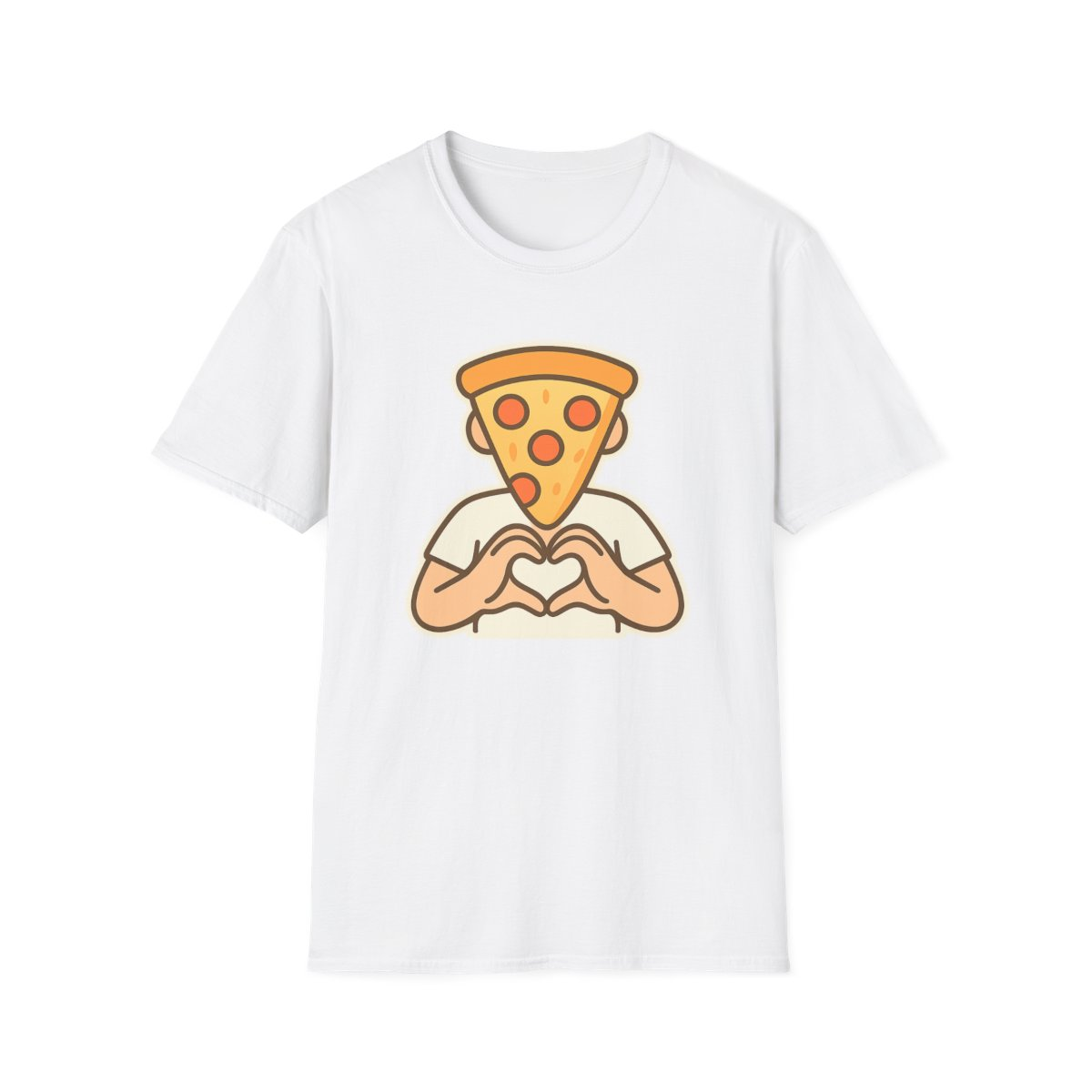 White t-shirt, front view, printed with pizza slice head with heart hands