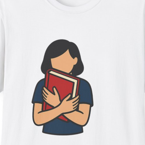 Close-up of the printed design detail: person hugging a red book