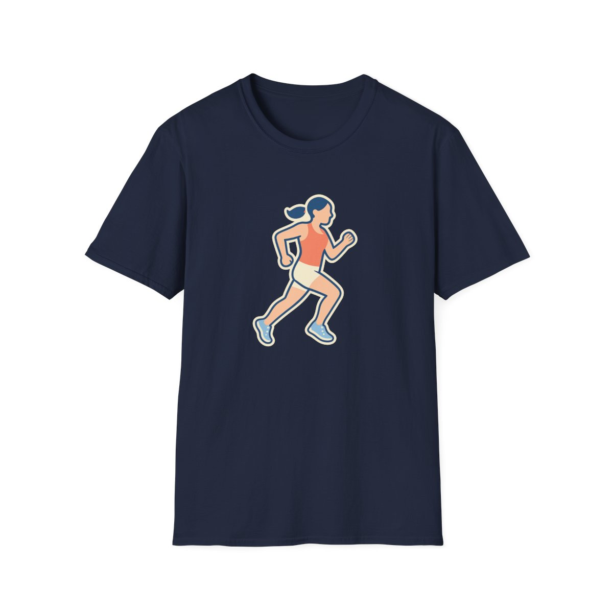 Navy t-shirt, front view, printed with stylized woman running illustration
