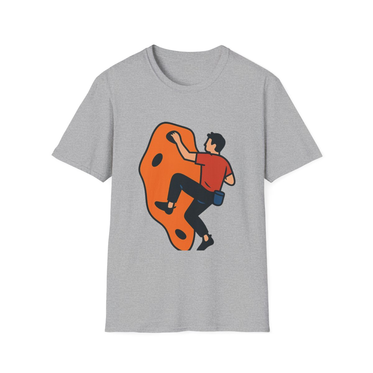 Sport Grey t-shirt, front view, printed with climber on an abstract orange boulder