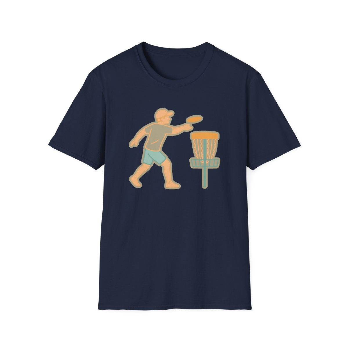 Navy t-shirt, front view, printed with disc golfer throwing at basket