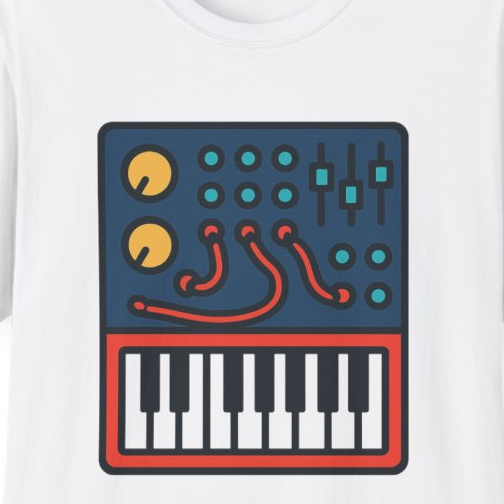 Close-up of the printed design detail: compact modular synth illustration