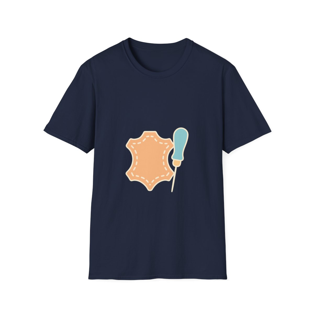 Navy t-shirt, front view, printed with stylized leather hide and awl