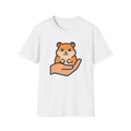 White t-shirt, front view, printed with person holding an orange-and-white hamster