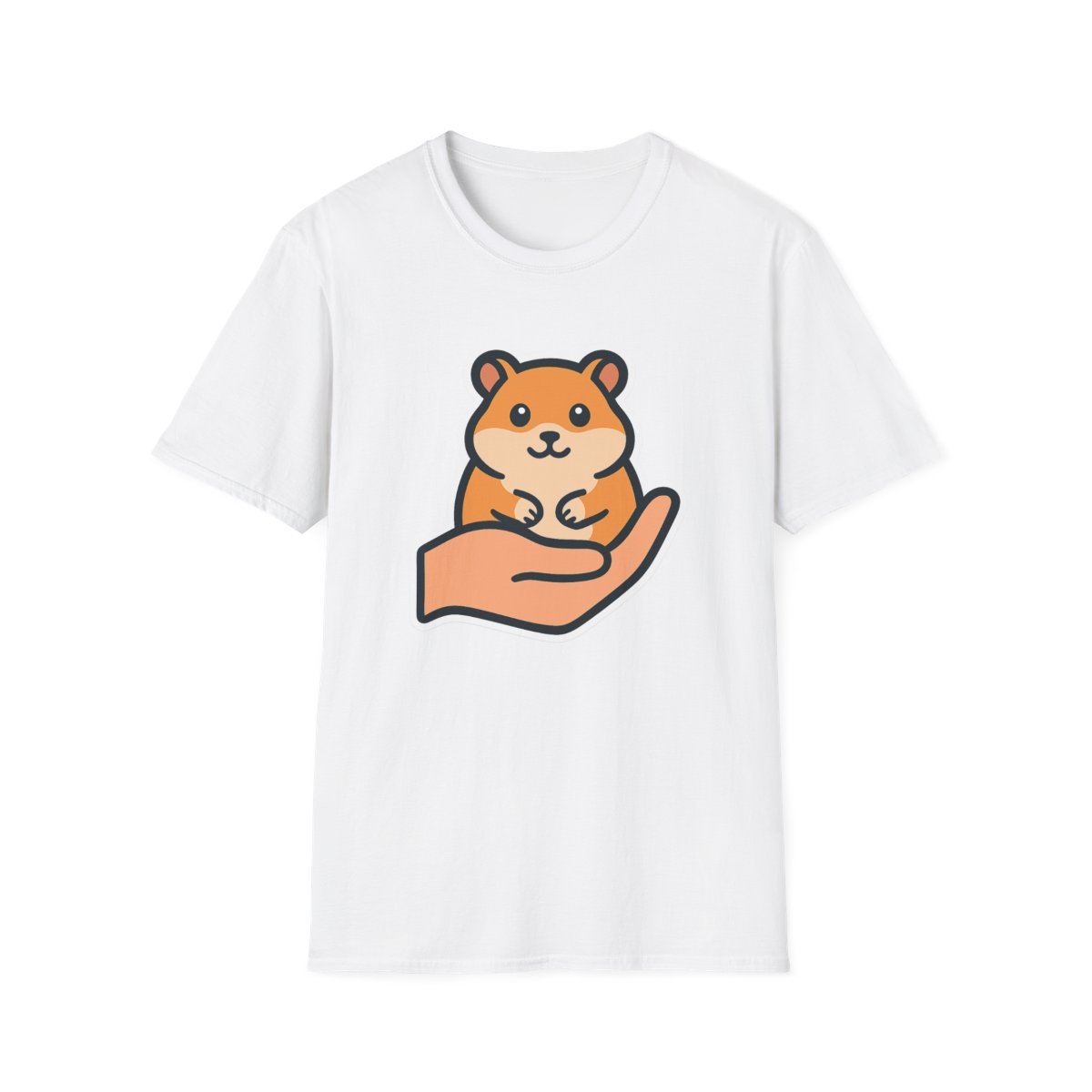 White t-shirt, front view, printed with person holding an orange-and-white hamster