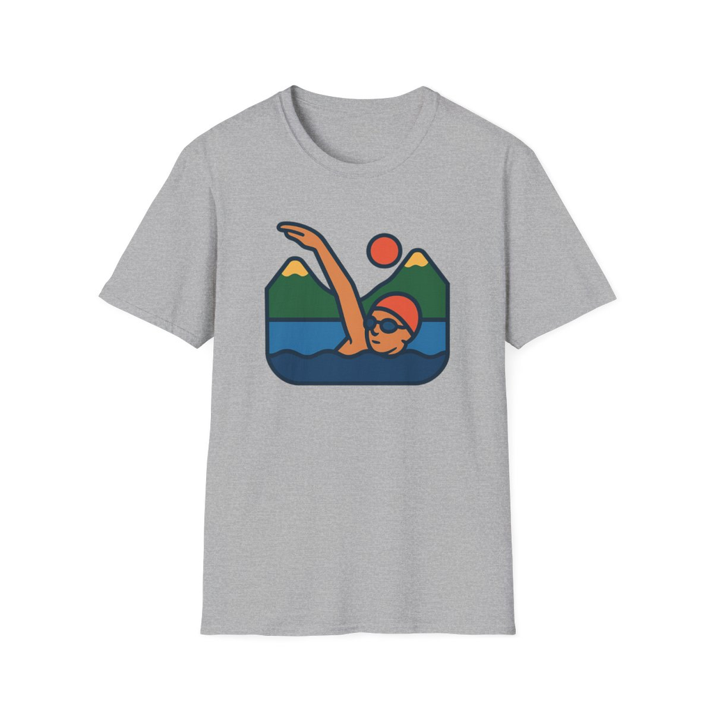 Sport Grey t-shirt, front view, printed with stylised woman swimming in lake