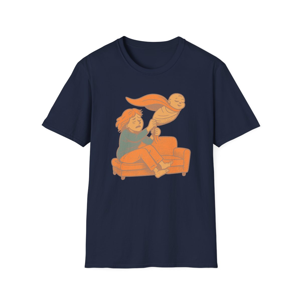 Navy t-shirt, front view, printed with a exhausted newborn mom design