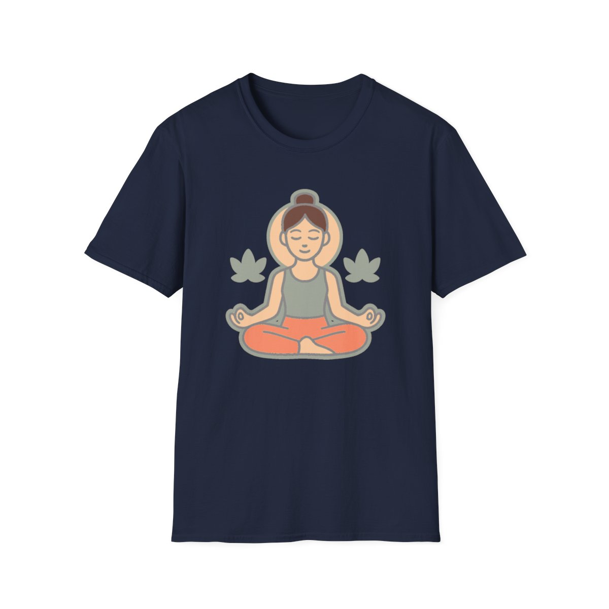Navy t-shirt, front view, printed with person meditating with leaf motifs