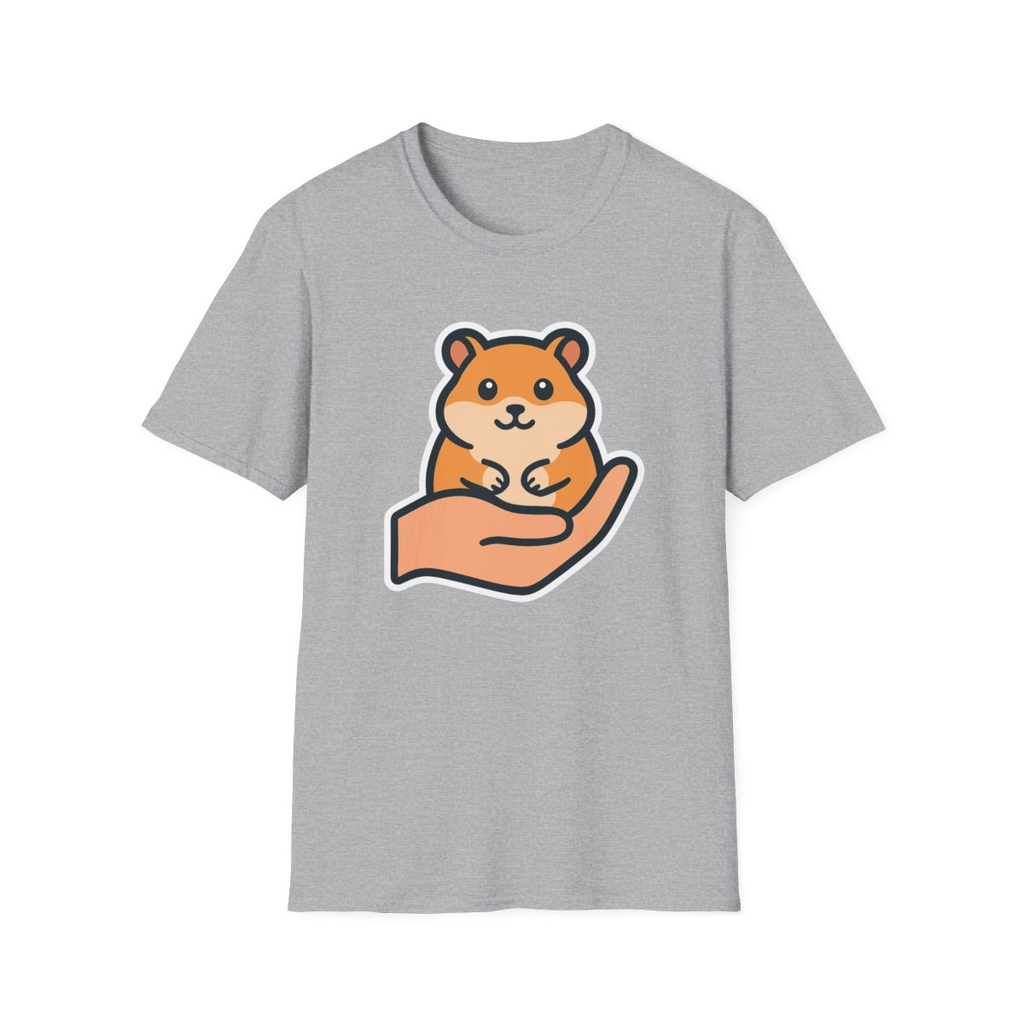Sport Grey t-shirt, front view, printed with person holding an orange-and-white hamster