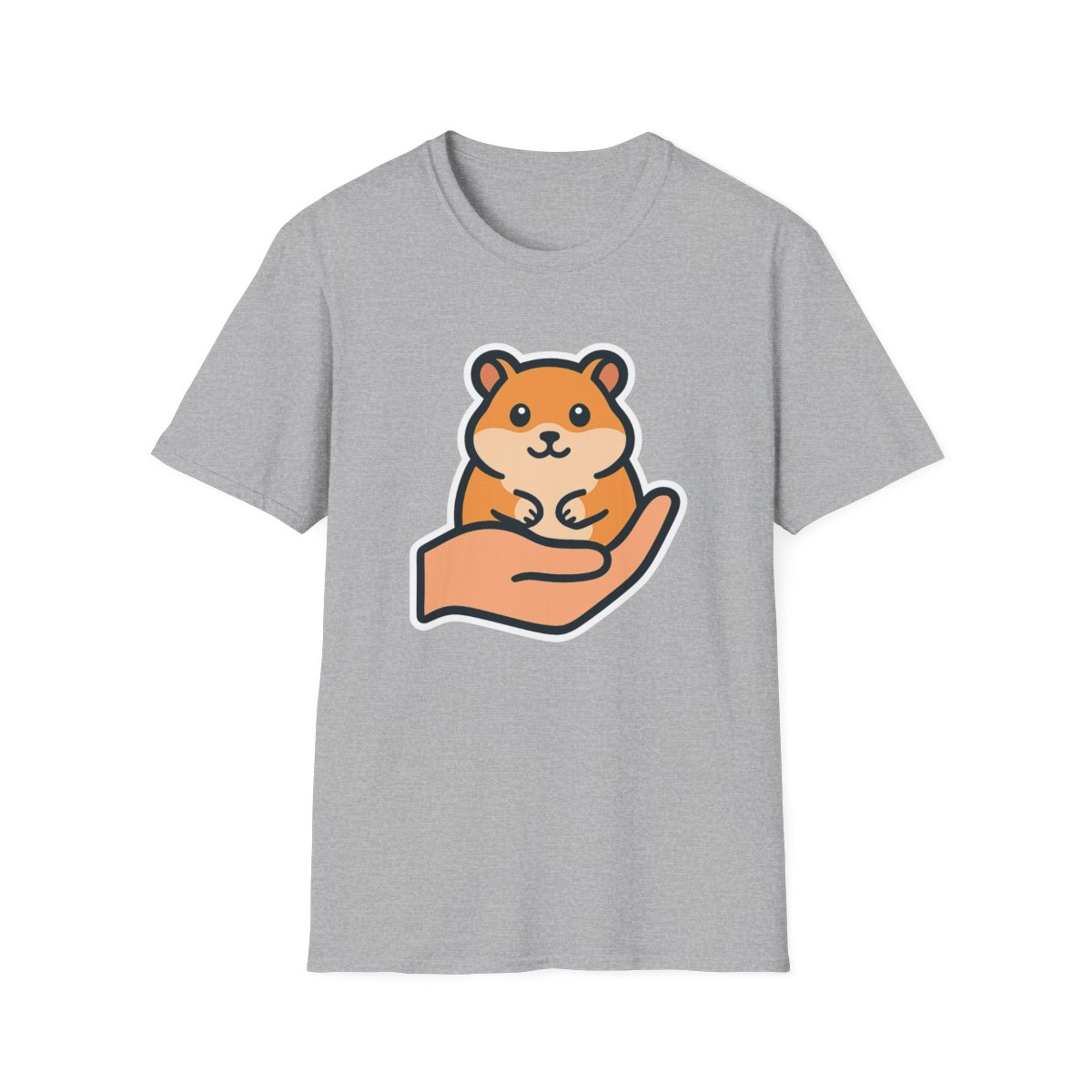 Sport Grey t-shirt, front view, printed with person holding an orange-and-white hamster
