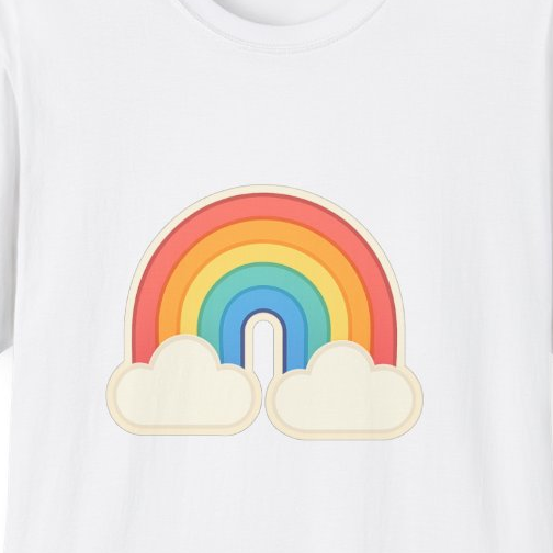 Close-up of the printed design detail: muted rainbow with two clouds