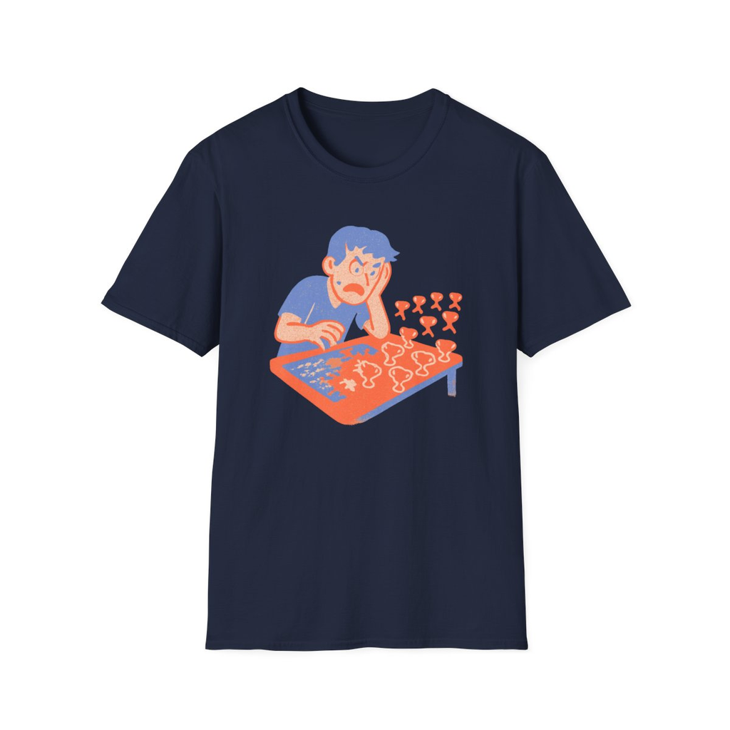 Navy t-shirt, front view, printed with a competitive puzzle solver design