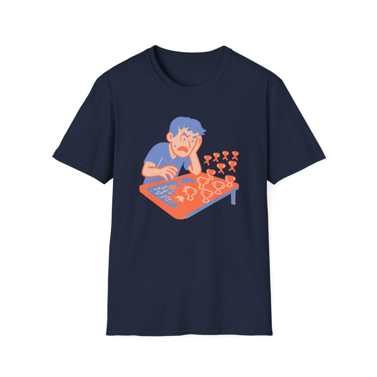 Navy t-shirt, front view, printed with a competitive puzzle solver design