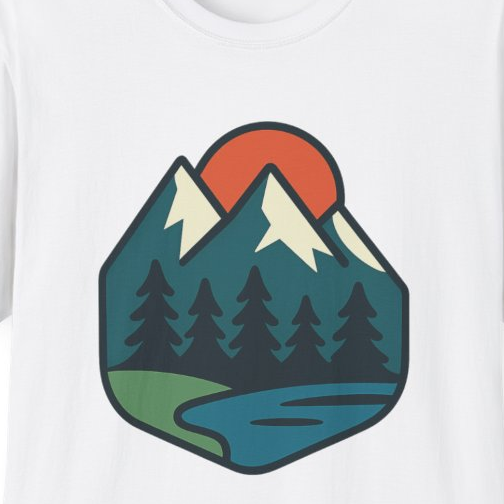 Close-up of the printed design detail: sunrise mountains, trees, winding path