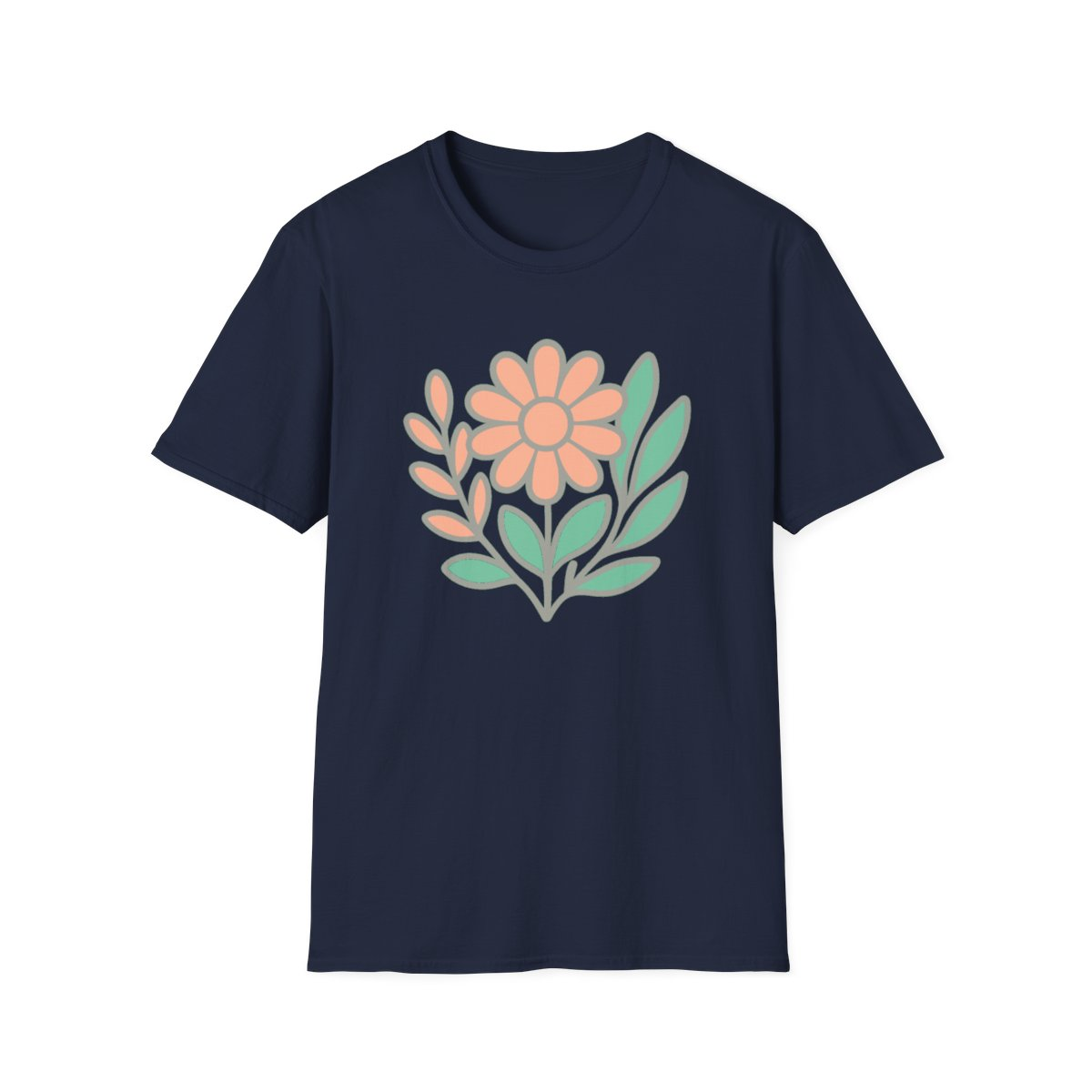 Navy t-shirt, front view, printed with peach daisy with mint leaves