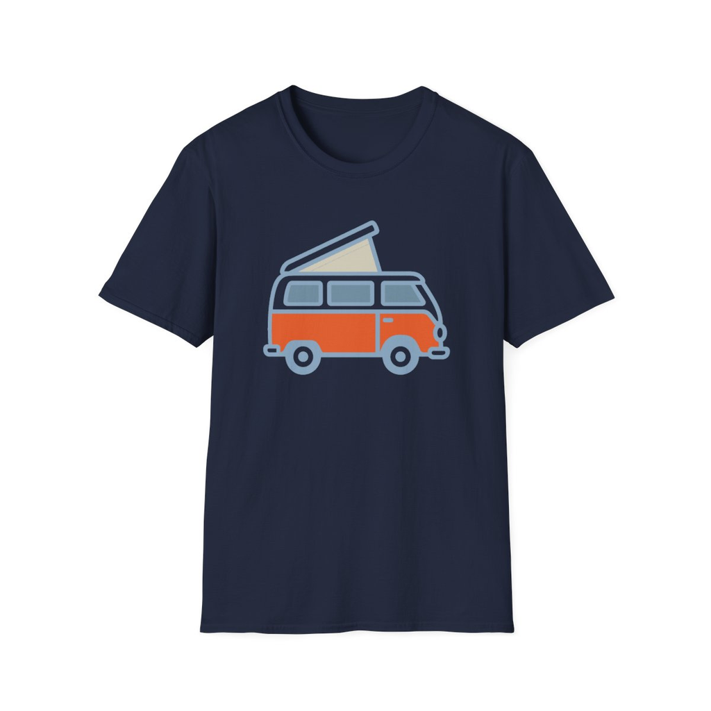 Navy t-shirt, front view, printed with retro camper van illustration
