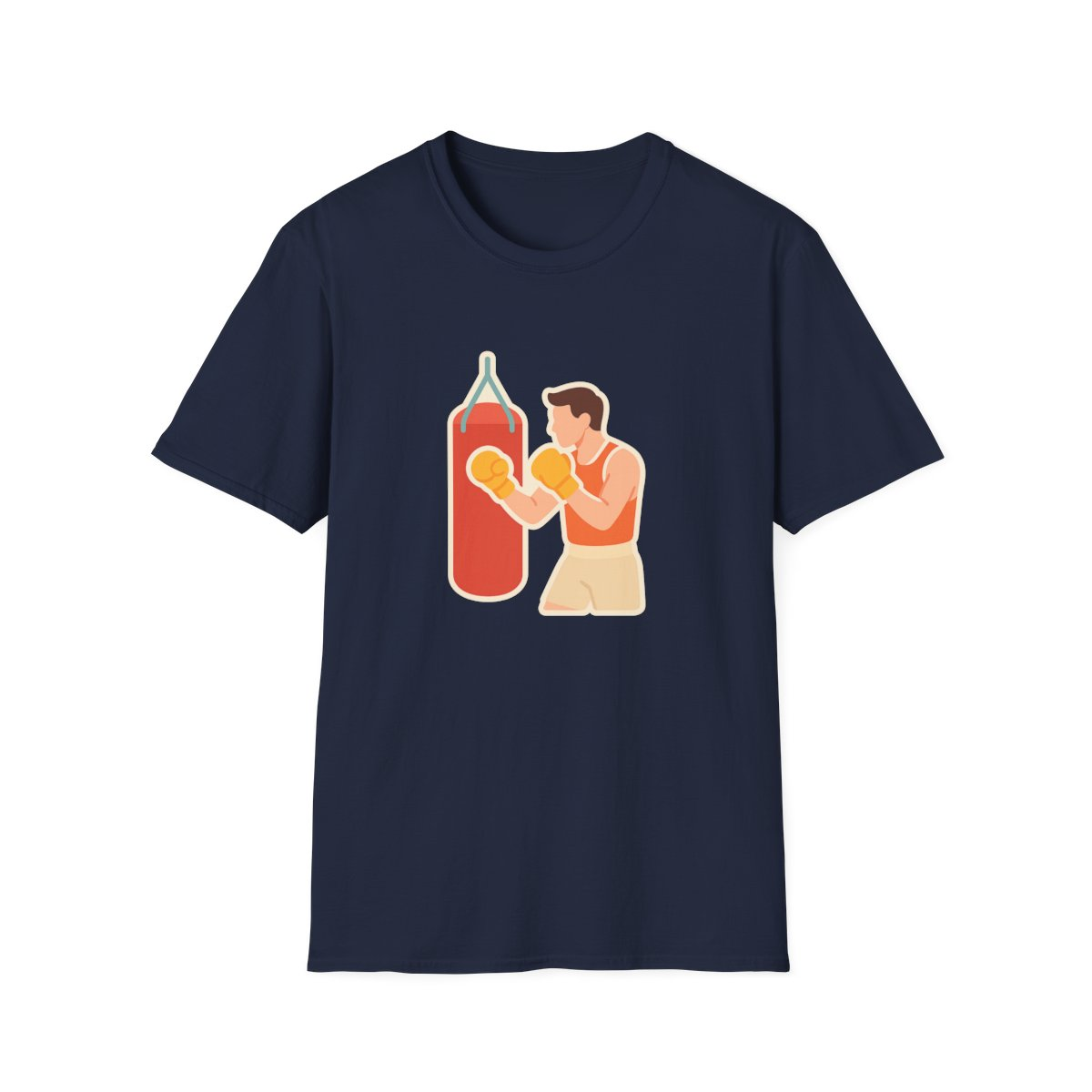 Navy t-shirt, front view, printed with boxer hitting a heavy bag illustration