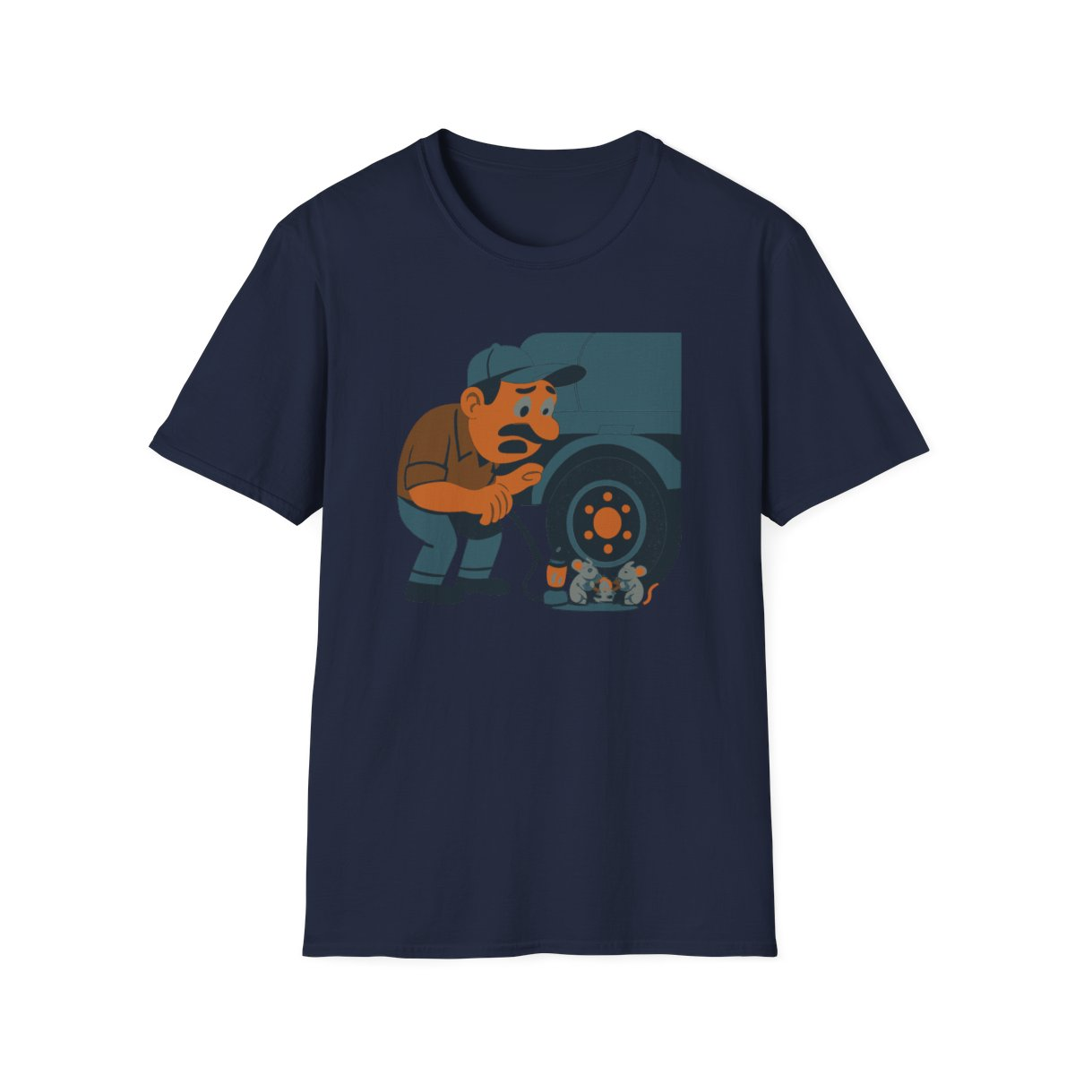 Navy t-shirt, front view, printed with a long-haul tanker driver design