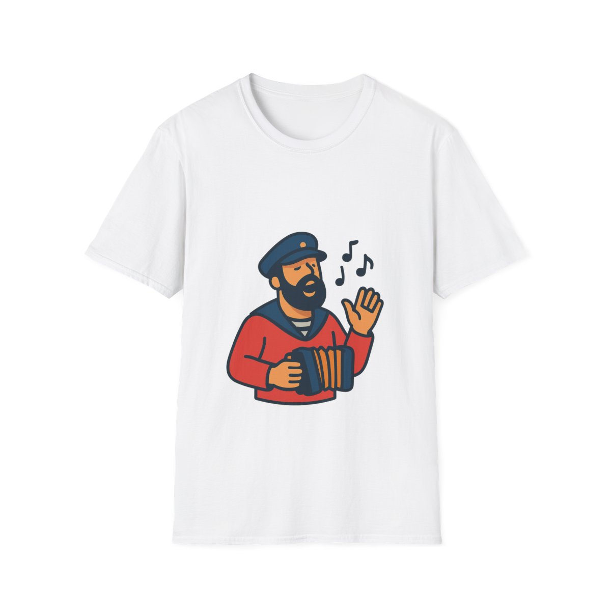 White t-shirt, front view, printed with bearded man singing above waves