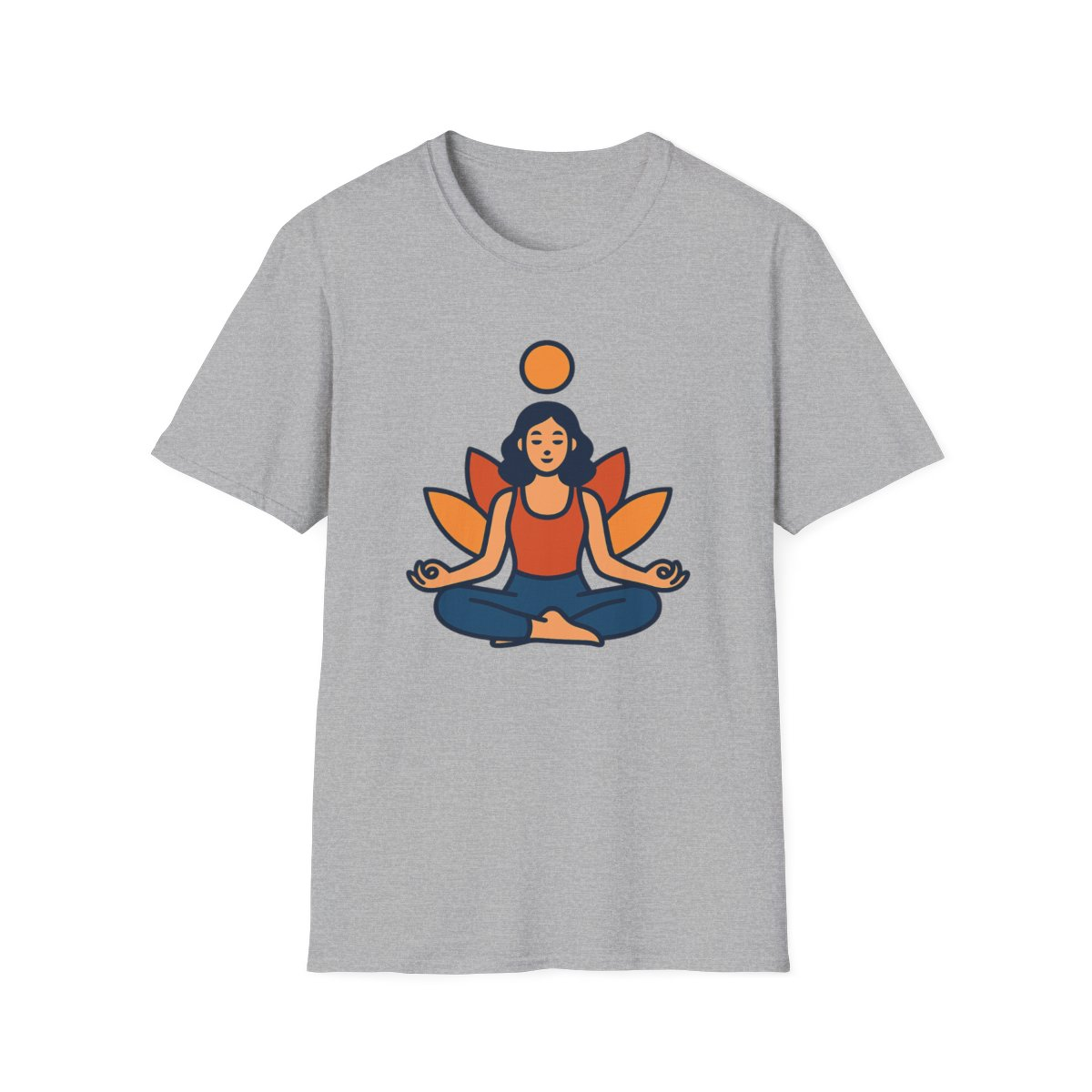 Sport Grey t-shirt, front view, printed with person meditating with leaf motifs