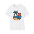 White t-shirt, front view, printed with beach umbrella, surfboard, beach ball