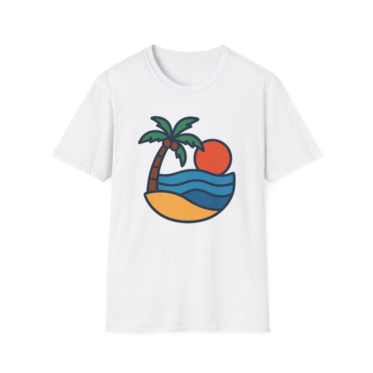 White t-shirt, front view, printed with beach umbrella, surfboard, beach ball