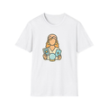 White t-shirt, front view, printed with tarot reader holding cards and crystal ball