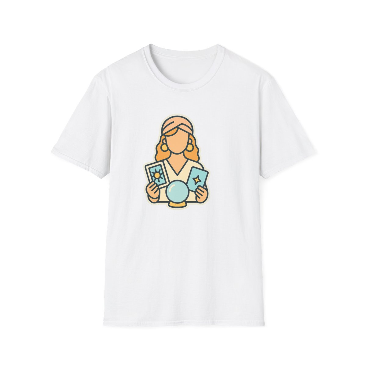 White t-shirt, front view, printed with tarot reader holding cards and crystal ball