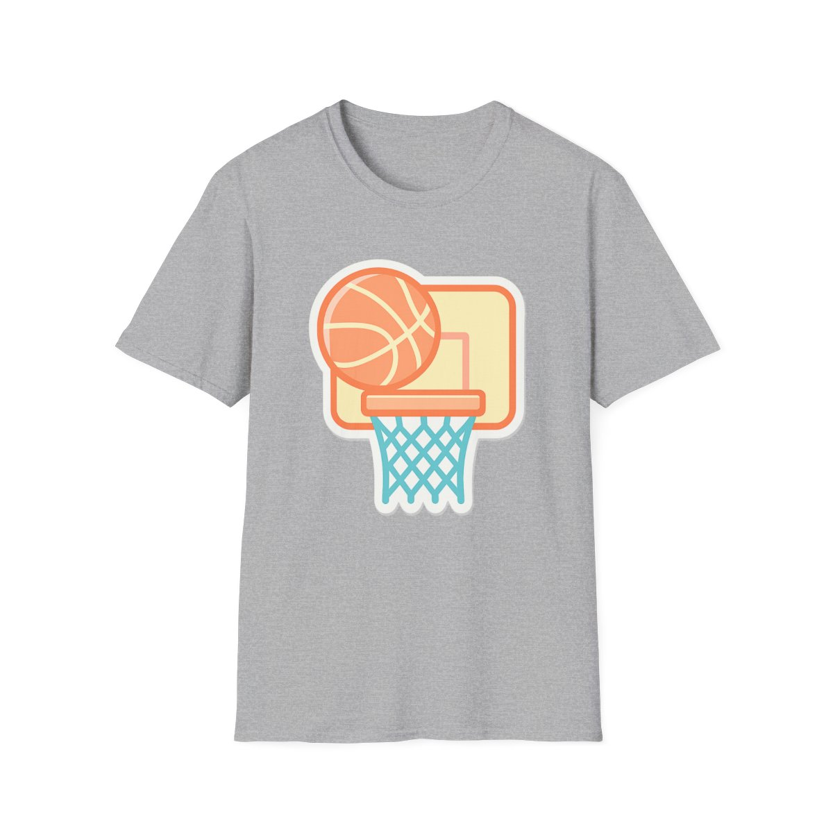 Sport Grey t-shirt, front view, printed with illustrated basketball, hoop, and net